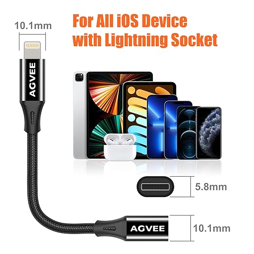 AGVEE 4 inch Lightning Extension Cable, Braided Female to Male Extender Full Function Cord Compatible with iPhone iPad, Data Sync Video Audio & Charging Connector Adapter, Black
