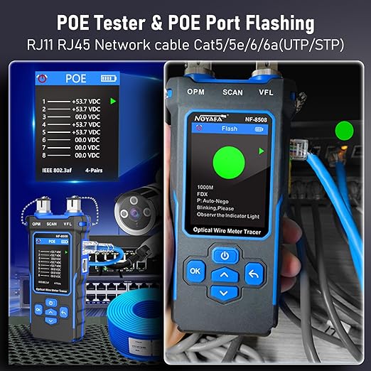 NOYAFA NF-8508 Network Cable Tester with 7 wavelength Optical Power Meter VFL,RJ11 RJ45/PoE Tester/CAT5 CAT6/NCV with 10mw Visual Fault Locator,Network Tool with Lithium Battery