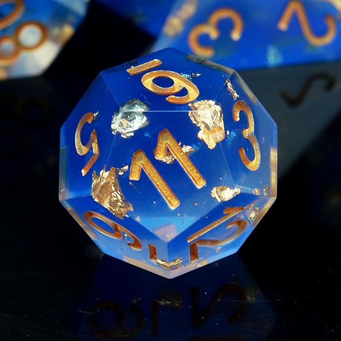 Haxtec Blue DND Dice Set Sharp Edge Resin Dice Gold Flakes with Dice Case D&D Dice for RPG Role Playing Games Compatible with Dungeons and Dragons Gift War Series