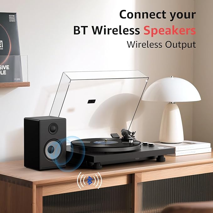 Record Player Wireless Output Turntable Carbon Fiber Tonearm Vinyl Player Aluminium Platter Belt-Drive LP Turn Tables 2 Speed RPM Phono RCA Line Output AT-3600L MM Cartridge Audio Sound Pure Black