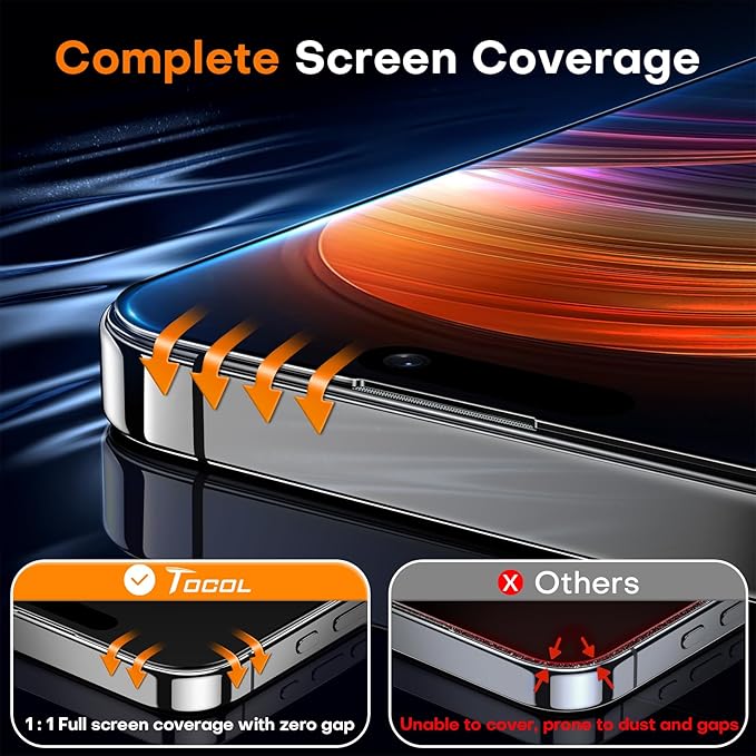 TOCOL for iPhone 16 Screen Protector 9H Hardness Military Grade Shatterproof HD Tempered Glass Full Coverage Easy Installation Case Friendly 2 Pack