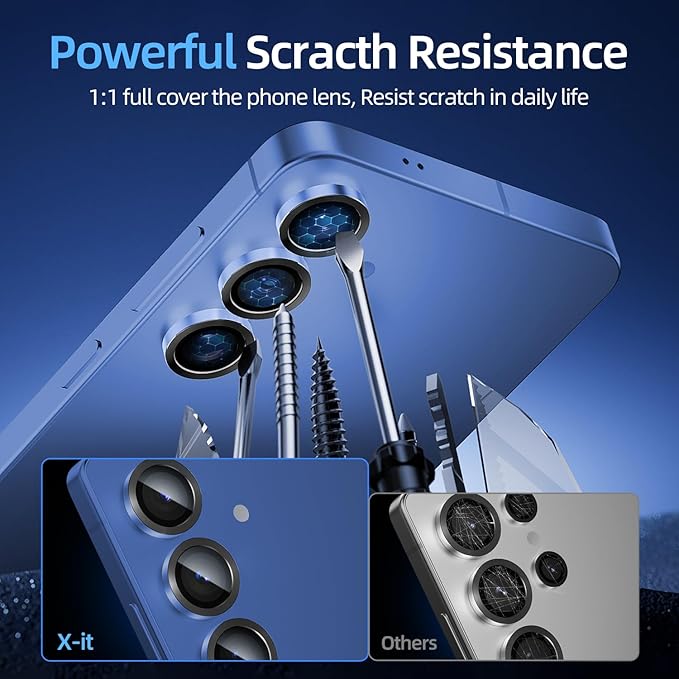 X-it Camera Lens Protector for Samsung S25 Plus, 10H Tempered Glass, Independent Metal Aluminum Edge Original Protection Design, Suitable for Phone Case, Anti-scratch, Anti-reflective,Navy