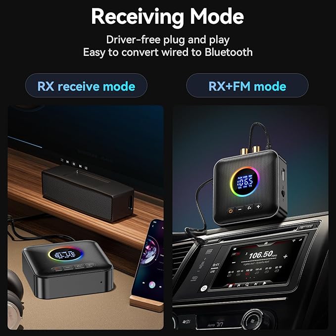 Bluetooth 5.4 Transmitter Receiver 3-in-1 Bluetooth Adapter HiFi Audio Receiver FM Transmitter with LED Display 3.5mm AUX RCA USB for TV/Car/PC/Home Stereo/Speakers