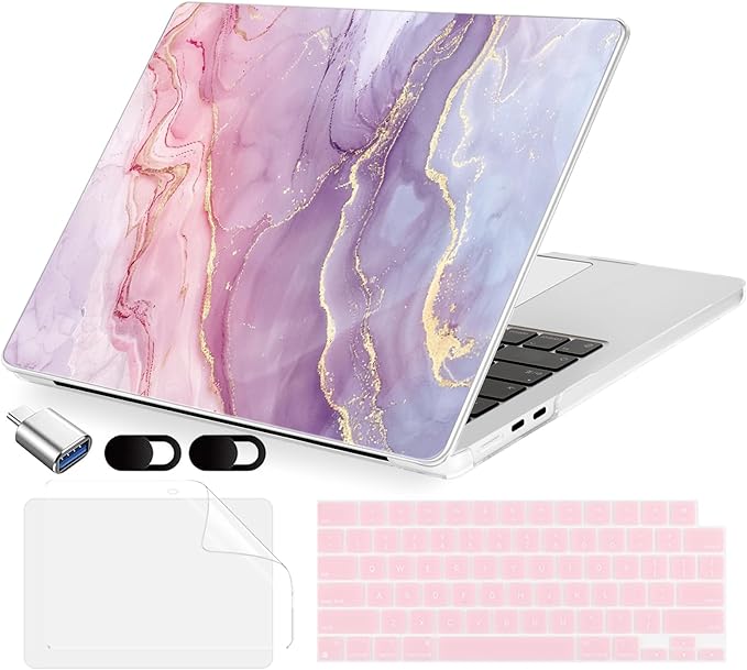 Compatible with MacBook Air 13.6 inch Case, M4 A3240/M3 A3113/M2 A2681 (Released 2025 to 2022), Hard Shell, Keyboard Cover, Screen Protector, Webcam Cover & Type-C Adapter, Pink Marble