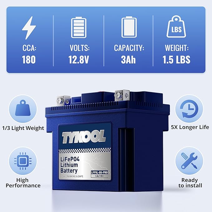 TYKOOL YTX5L-BS High Performance lithium LiFePO4 Motorcycle Battery,12.8V 3Ah,180CCA,Built in BMS,Powersports Battery,for ATV,4 wheeler,quad,dirt bike,Scooter,Lawn Mower,Generator