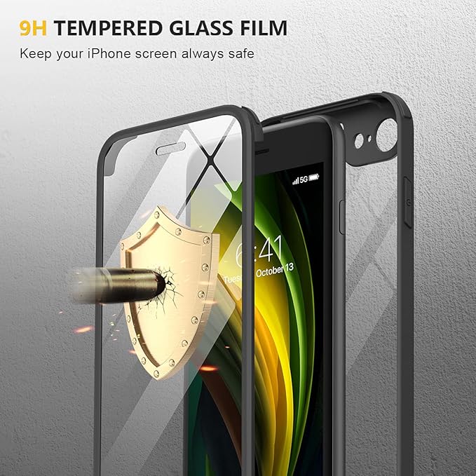 Miracase for iPhone SE Phone Case 3rd/2nd Generation 2022 2020 Full-Body with Built-in Glass Screen Protector, Heavy Duty 360° Protective Shockproof Bumper Cover for iPhone 8/SE 4.7 Inch, Black