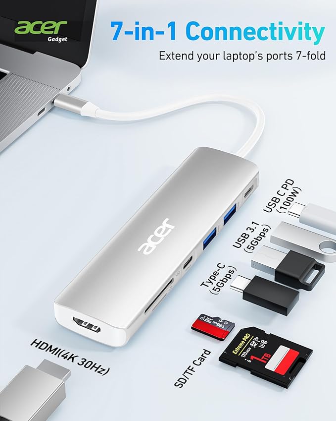 Acer USB C Dock, 7 in 1 USB C to HDMI Hub, 2 USB 3.1 GEN1 and 5Gbps Type-C Data Port, 4K HDMI Port, PD 100W Charging, SD Card Reader, for iPad Pro MacBook Pro Acer Laptops and More (Silver)
