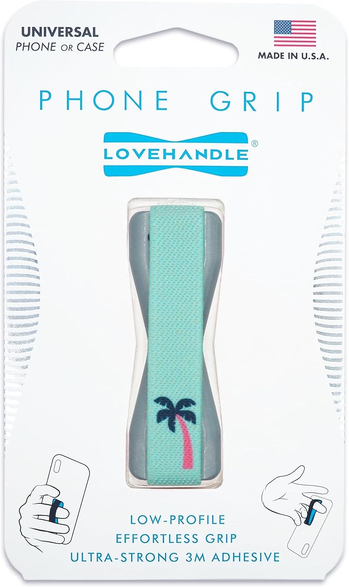 LOVEHANDLE Universal Phone Grip for Smartphones & Mini Tablets - Phone Holder for Hand - Wireless Charging Compatible - Made in The USA - Palm Tree