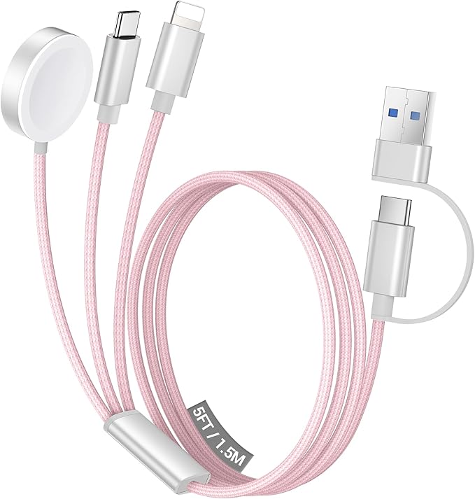 Temdan for Travel Vacation Essentials,3 in 2 USB C Cable for Apple Watch Charger/iPhone 16 Charger/Lightning,Multi Charging Cable Cord,Camping Essentials,Designed for iWatch &iPhone 16-12-5FT Pink