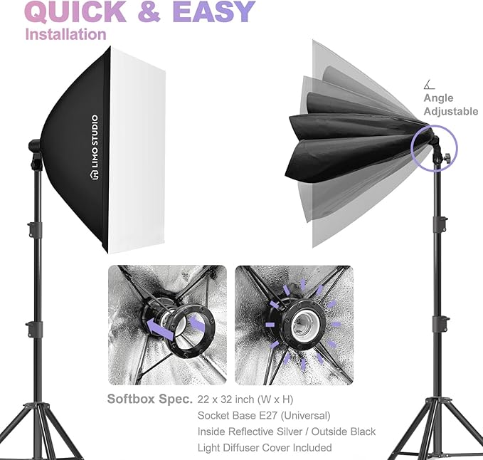 LimoStudio (LED Super Bright) 3400W Output Remote Control, 22 x 32 inch Softbox 85W Bulbs Light Kit, 3000K-5500K Adjustable Color & Brightness, 12600 Lumen, CRI>95, Soft Box Diffuser, AGG3214