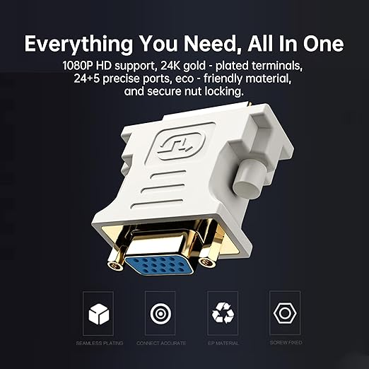 DVI to VGA Adapter (DVI-I 24+5 Pin Male to VGA Female) – Gold-Plated Connector for PC, Laptop, GPU, Projector