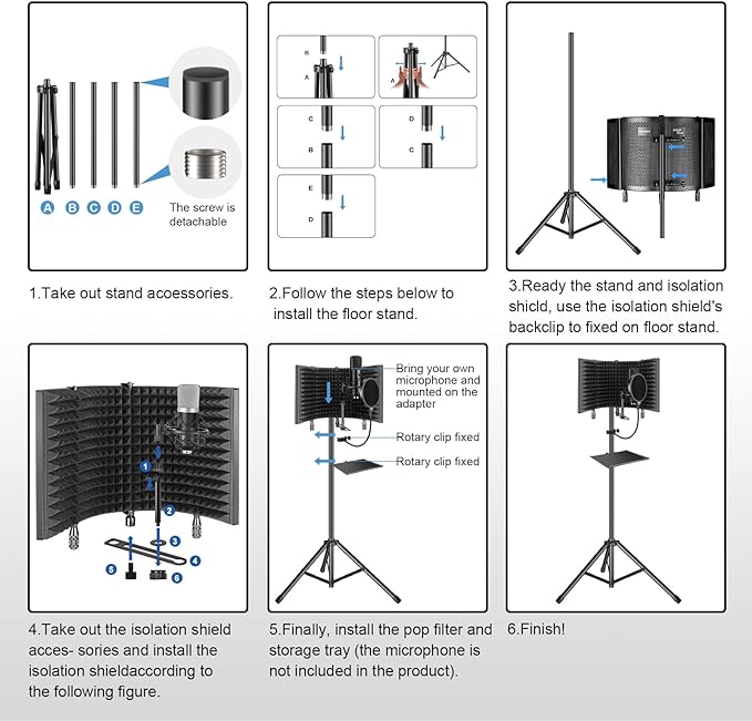 Professional Studio Recording Microphone Isolation Shield, Pop Filter,High density absorbent foam is used to filter vocal. Suitable for Blue Yeti and other condenser microphones (AO-504 With Stand)