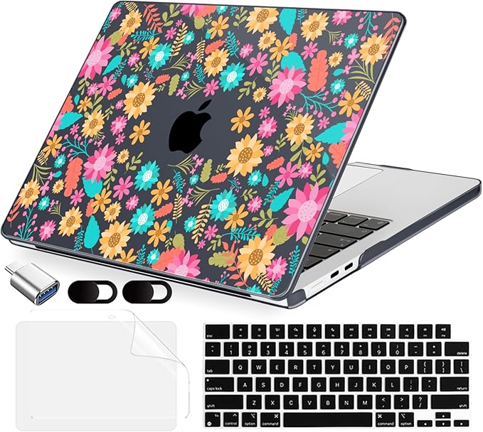 Compatible with MacBook Air 13.6 inch Case, M4 A3240/M3 A3113/M2 A2681 (Released 2025 to 2022), Hard Shell, Keyboard Cover, Screen Protector, Webcam Cover & Type-C Adapter, Colorful Flowers