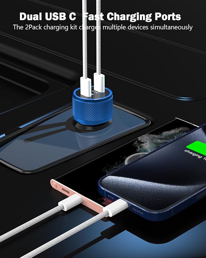 iPhone Car Charger Fast Charging,iPhone 16 Car Charger 2PACK Dual USB C PD3.0 Port CarCharging Adapter and USB C to C Braided Nylon Charging Cable Compatible with iPhone 16/16 Pro Max/15/iPad（Blue）