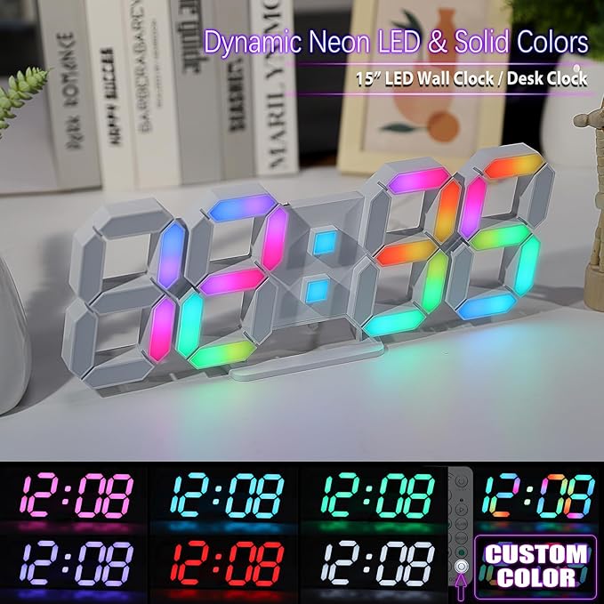 KOSUMOSU LED Wall Clock 15" RGB Digital LED Clock for Living Room Decor, Large Display Gaming Room Clocks, Dimming/12/24 Hr Time/Date/Temp/Remote (White Clock with Neon Light)