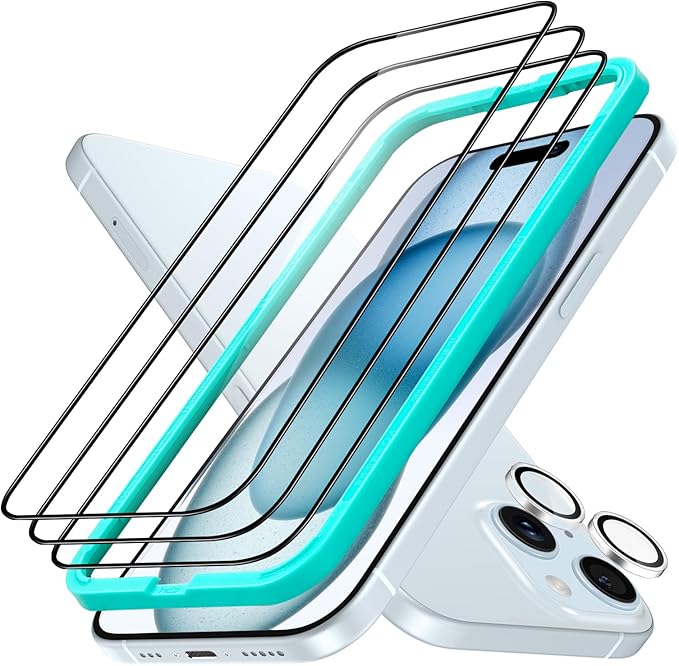 ESR 3+1 Pack for iPhone 15 Plus Screen Protector, [9H Hardness] [Military Grade Shatterproof] Full Coverage Ultra-tough Tempered Glass Film with Easy Installation Frame, 1 Set of Camera Lens Protector