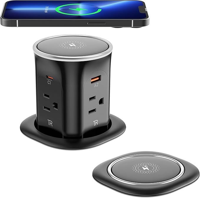 Jgstkcity Pop Up Outlet for Countertop 3.15-inch Desk Wire Hole Insert,9-in-1 Power Strip with 15W Wireless Charger,4 Outlets 4 USB Ports,15Amp Tamper Resistant Receptacle, ETL Listed (Black)