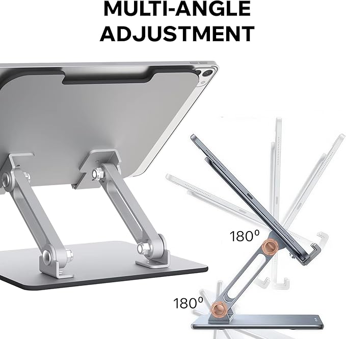 Foldable Aluminum Tablet & Phone Stand — Adjustable Height & Angle, Portable Desk Holder with Anti-Slip Pads for iPad, iPhone, Kindle, Smartphones & Tablets, Helping Reduce Neck and Eye Strain
