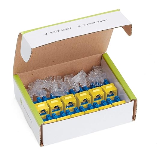trueCABLE Cat6A Keystone Jack, Unshielded (UTP), 90 Degree Punch-Down, PoE++ (4PPoE), UL Listed, ETL Verified, ANSI/TIA Certified, Modular RJ45 Female, Yellow, 12 Pack