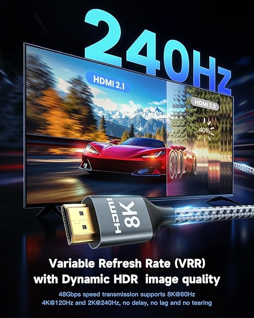 ARISKEEN 8K HDMI Cable 100FT, 48Gbps High Speed Fiber Optic HDMI 2.1 Cable, 8K 60Hz, 4K 120Hz Support for HDR 10, HDCP 2.2 2.3, Unidirectional Braided HDMI Cord Compatible with Laptop/HDTV - 100 Feet