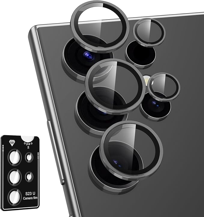 for Samsung Galaxy S23 Ultra Camera Lens Protector, Individual Metal Ring Tempered Glass Lens Cover, [Strong Adsorption] Scratch Resistant Ultra-Thin HD Clear Lens Cover, 1 Set-Black