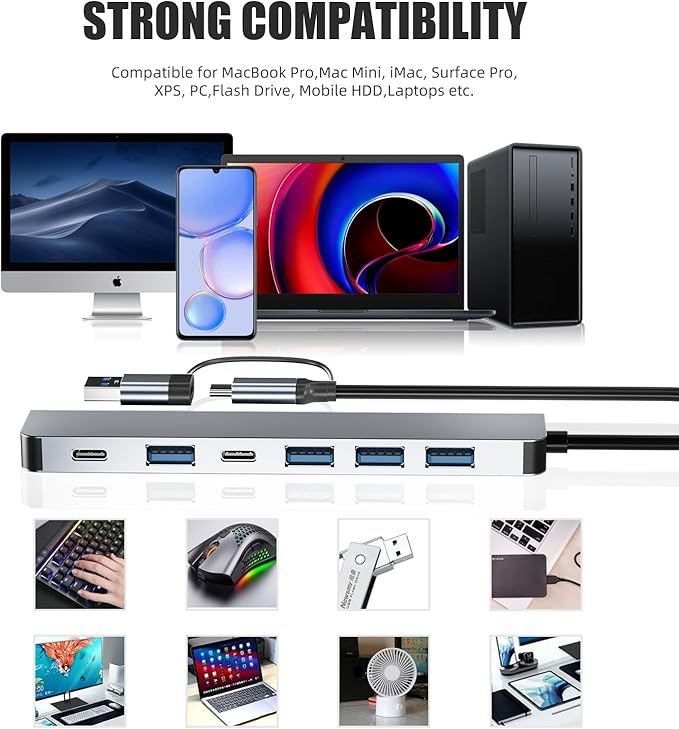 Aluminum 7 in 1 USB C Hub with USB 3.0,7 Ports with 2* USB-C and 5* USB-A, Ultra Slim Portable USB Splitter Adapter for Laptop, PS4, Flash Drive, HDD, Xbox, Printer, Mouse, Keyboard