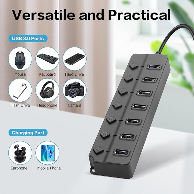 90 Degree USB Hub Splitter YACSEJAO USB 2.0 Data Hub with Individual LED Button On/Off Switch DC5.5 * 2.1 Power Port for Laptop,PC Computer (7 Ports, 1M)
