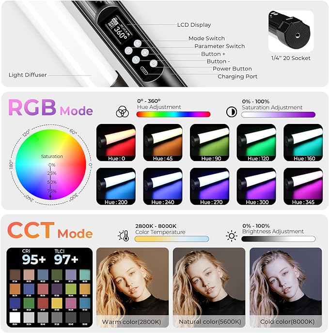 Mettlelite TLX1 RGB Tube Light LED Full Color Portable Video Light with APP Control 2800K-8000K CRI96 TLCI97 360° RGB CCT HSI Mode 10 Customizable Light Effects Rechargeable Battery Magnet Design