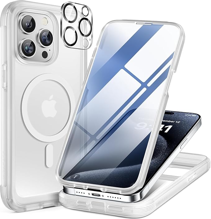 Miracase Magnetic for iPhone 12 Pro Max Case [Compatible with MagSafe] Full-Body Phone case with Built-in Glass Screen Protector& Camera Protector, Military Drop Proof 12 Pro Max Cover, Matte Clear