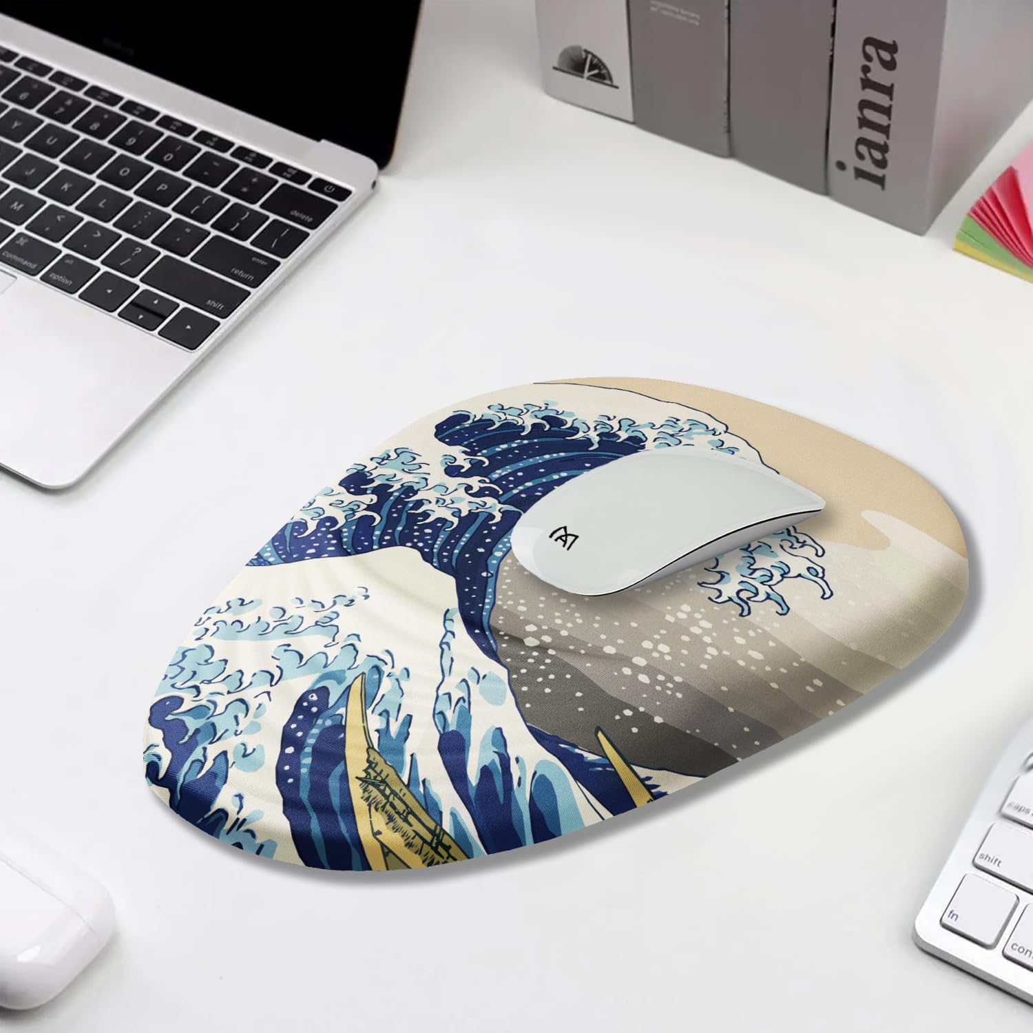 Armanza Ergonomic Mouse Pad Wrist Rest, Japanese Sea Wave Mouse Pad with Wrist Support, Memory Foam Massage Design & Non-Slip PU Base MousePads for Pain Relief, Desk, Office, Home, Kanagawa Wave