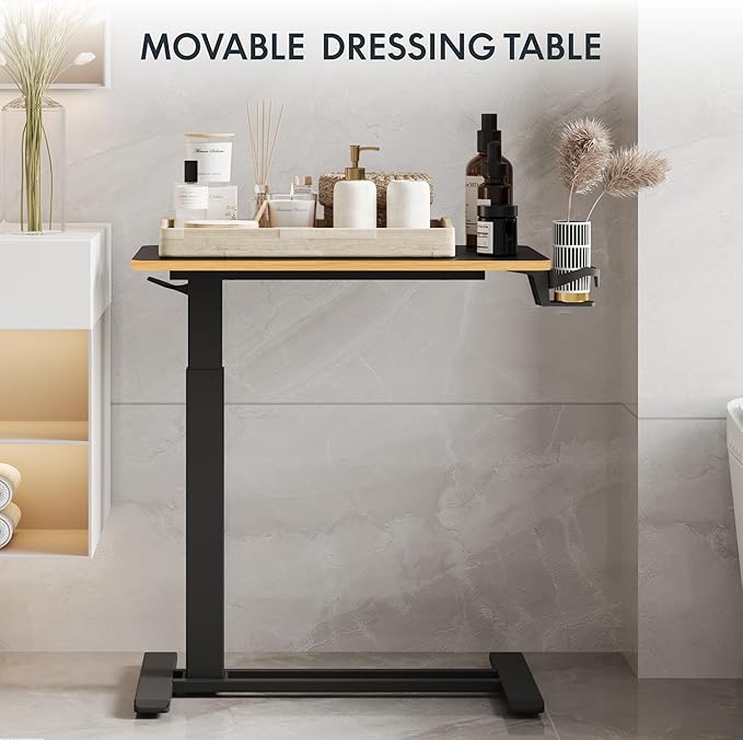 FLEXISPOT Mobile Standing Desk with Wheels Pneumatic Laptop Desk Rolling Computer Cart Movable Height Adjustable Small Sit Stand Desk Computer Workstations Home Use（31.5" W x 17.7" D, Black+Maple