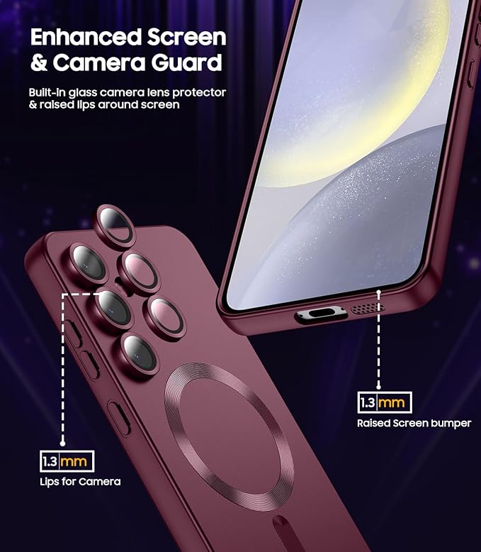 Magnetic for Samsung Galaxy S24 Plus Case [Compatible with MagSafe][Built-in Camera Lens Protector] Slim Soft Silicone Bumper Shockproof Metallic Luster Phone Case (Burgundy)