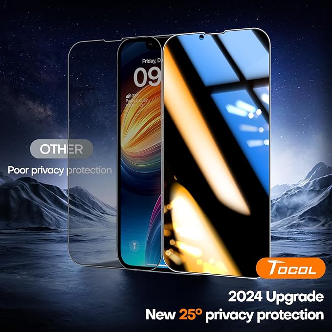 TOCOL for iPhone 16e Privacy Screen Protector/iPhone 13 Privacy Screen Protector True 25°Anti Spy 9H+ Hardness Tempered Glass for iPhone 13 Full Coverage Screen Protector Easy Installation 2 Pack