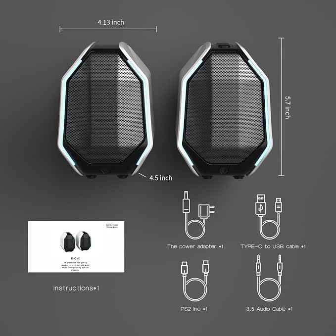 D-ONE 30W PC Gaming Computer Speakers for Laptop, Mac, Desktop Computer, Woofer Speakers, Bluetooth, USB, 3.5mm AUX Inputs, RGB Lights, Multimedia Speakers, White