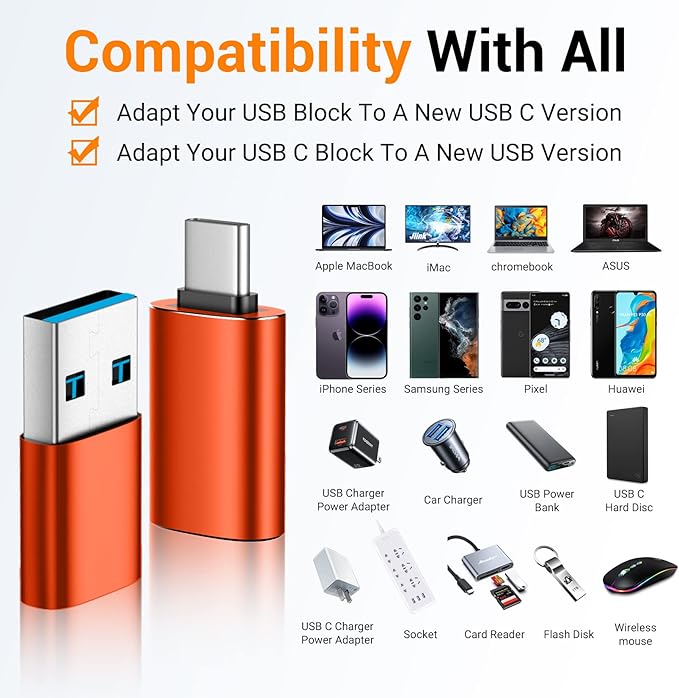 𝟒𝐏𝐚𝐜𝐤 𝐔𝐩𝐠𝐫𝐚𝐝𝐞𝐝 USB to USB C Adapter,USB C Male to USB 3.0 Female OTG Converter for iPhone 16 15 14 13 Plus Pro Max,Apple Watch,Airpods,S24 Ultra, Gender Changers OTG Adapters - Orange