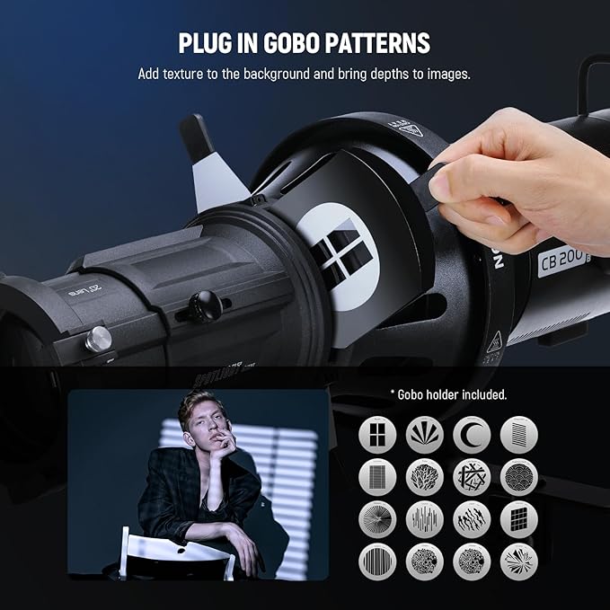 NEEWER Spotlight Snoot with 20° Projection Lens, Adjustable Focus, 16 Metal Gobos 5 Color Gels, Bag, Conical Snoot for Bowens Mount LED Continuous Output Lighting Studio Video Light Up to 300W, LS-39