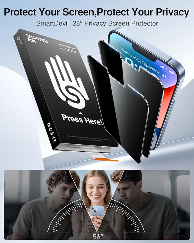 SMARTDEVIL 2 Pack for iPhone 14/ iPhone 13/ iPhone 13 Pro Privacy Screen Protector, [Anti-Spy] [Military-Grade Shatterproof & 9H Hardness] Tempered Glass,Easy Installation,Bubble-Free & Case-Friendly