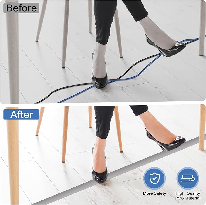 Floor Cord Cover Self Adhesive Cord Hider Floor Extension Cord Covers for Floor Power Cord Protector Cable Management Prevent Cable Trips Cable Cavity 0.51" W x 0.31" H (Grey, 3.3Ft)