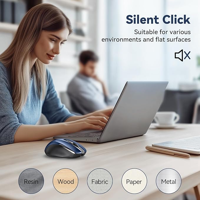 Bluetooth Mouse (BT5.0/3.0 & 2.4G) Rechargeable Wireless Mouse, 4800 DPI Optical Tracking, 6 Adjustable DPI, 2.4GHz with USB A Receiver, Quiet Clicks, Ergonomic Grips, 6 Buttons - Blue