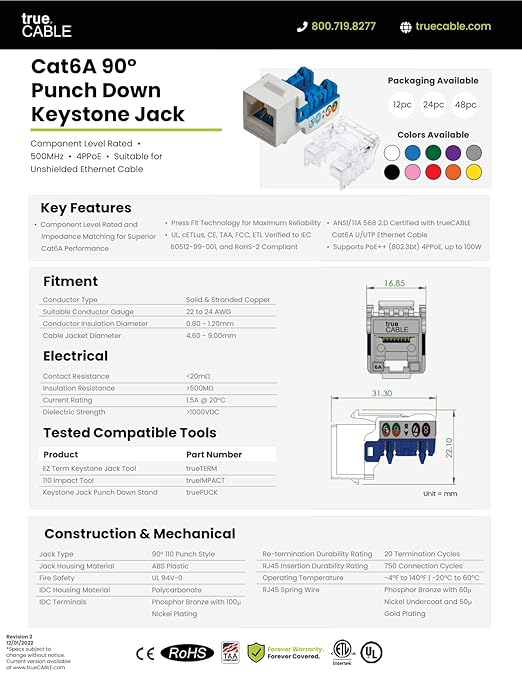 trueCABLE Cat6A Keystone Jack, Unshielded (UTP), 90 Degree Punch-Down, PoE++ (4PPoE), UL Listed, ETL Verified, ANSI/TIA Certified, Modular RJ45 Female, Blue, 12 Pack