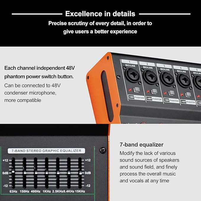 Depusheng TG8 professional dj audio mixer 8 channel input and dual group output with 99-bit dps reverb chip bluetooth usb recording and mp3 playback suitable for stage, bar, recording studio