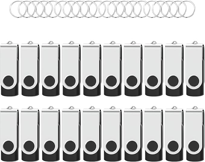 Flash Drives 32GB 20 Pack with Keychains, Wooolken Swivel USB 2.0 Thumb Drives Bulk Jump Drive Memory Stick USB Date Storage (Black)