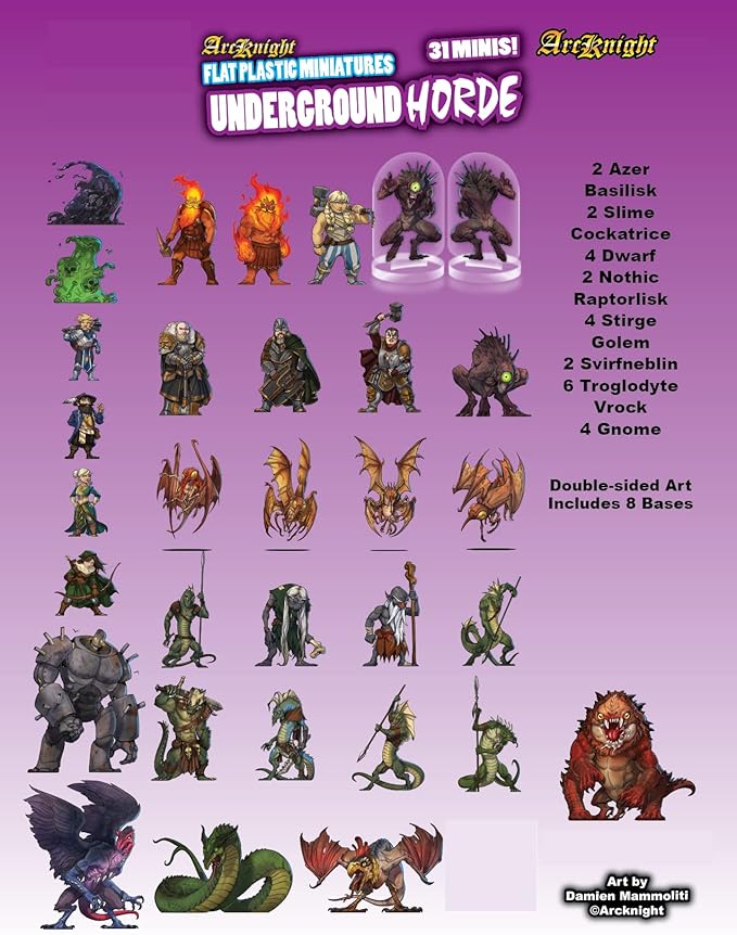 Arcknight Flat Plastic Miniatures: Underground Horde; 31 Unique Subterranean-Themed Minis for DND 5e and Pathfinder; Affordable, Skinny Figurines for Dungeons and Dragons and Other Tabletop RPG Games