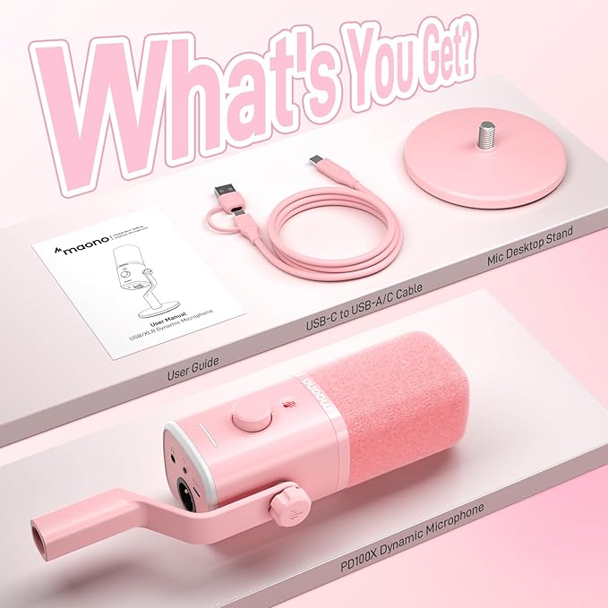 MAONO Dynamic Gaming Microphone: USB XLR Dynamic Computer Microphone with Software-RGB PC Mic for Gamer-Podcast Mic for Streaming Recording Studio YouTube Content Creation Online Chat PD100X (Pink)