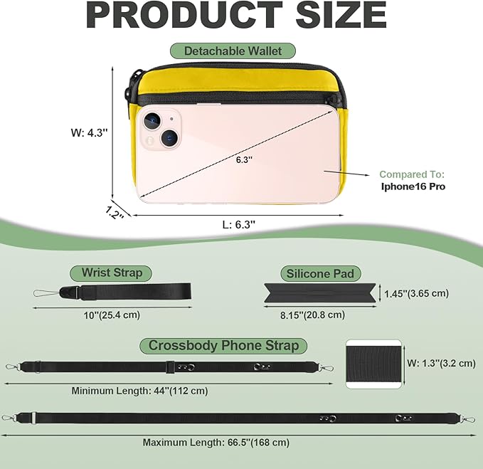Clip and Go Strap for Phone with Wallet Crossbody, Adjustable Phone Lanyard with Detachable RFID Wristlet Wallet & Ultra-Thin 360° Rotatable Metal Tabs for All Smartphones (Yellow)