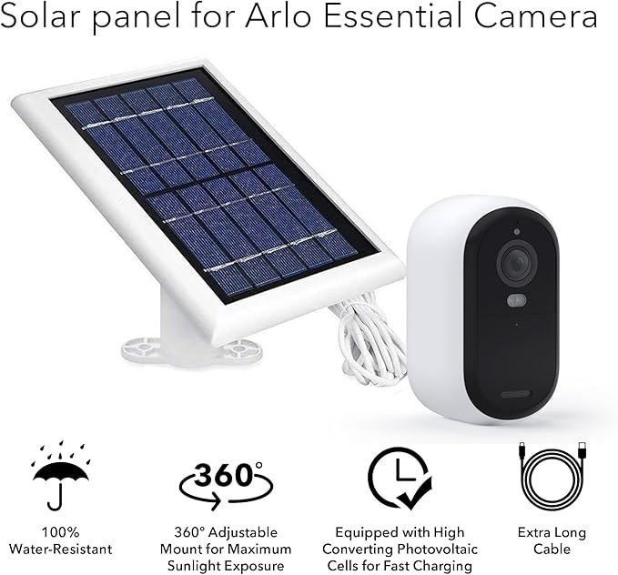 Wasserstein Solar Panel Compatible with Arlo Essential 2K Outdoor Security Camera (2nd Gen) / XL (2nd Gen) & Essential Spotlight (Camera NOT Included)- (1-Pack, White)