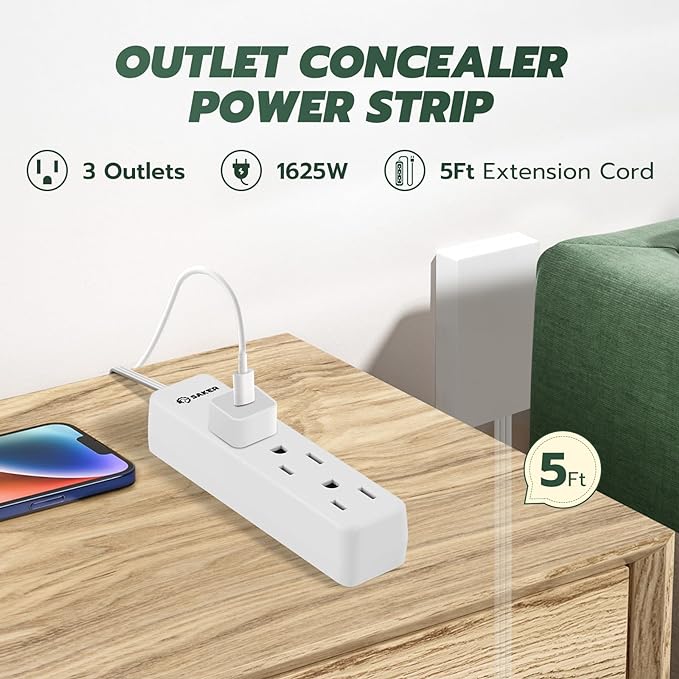 Saker Outlet Concealer Power Strip | 5ft Flat Plug Extension Cord with 3 Outlets,1625W | Universal Size Baby Proof Outlet Cover Extension Cord for Kitchen, Home and Office