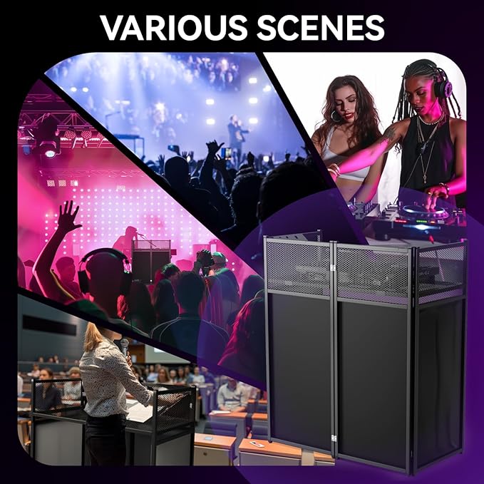 Portable DJ Booth Table,Foldable DJ Table Stand Portable with White & Black Scrim,Adjustable DJ Facade Table Station Triangle Plate Metal Frame DJ Table with Cable Hole for Private Events, Clubs, Bars
