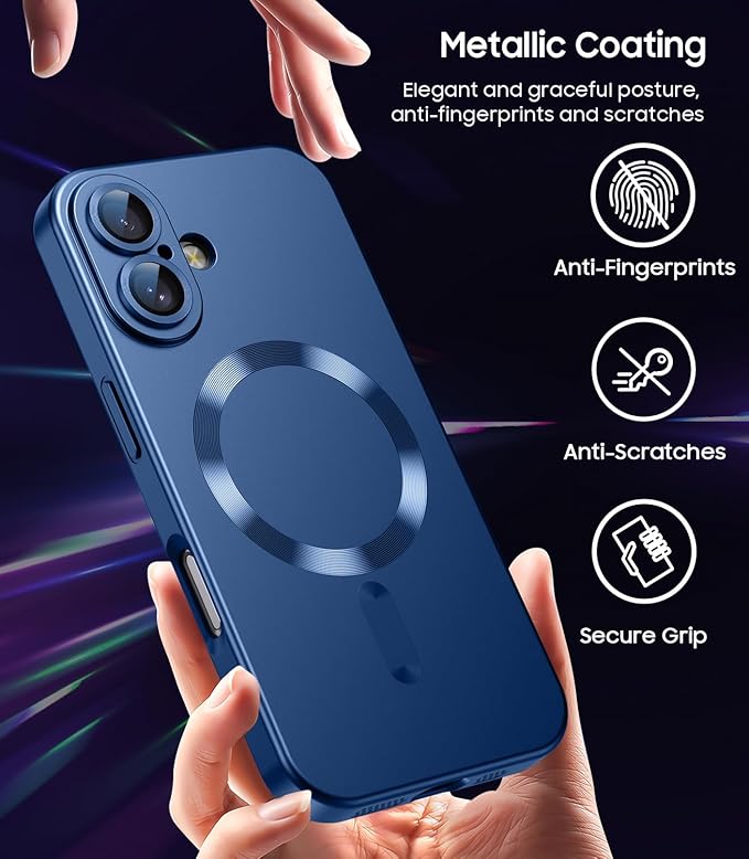 Magnetic for iPhone 16 Plus Case [Compatible with MagSafe][Built-in Camera Lens Protector] Slim Soft Silicone Bumper Shockproof Metallic Luster Phone Case (Blue)