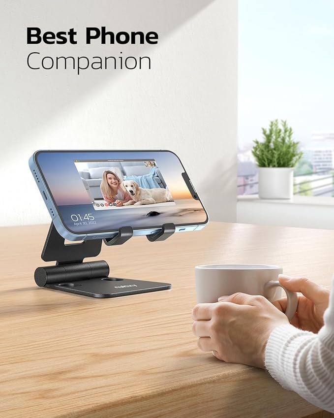Nulaxy 2 Pack Dual Folding Cell Phone Stand, Fully Adjustable Foldable Desktop Phone Holder Cradle Dock Compatible with iPhone 17 16 15 14 13 12 11 Pro Max Xs Xr X 8, All Phones, Black & Silver